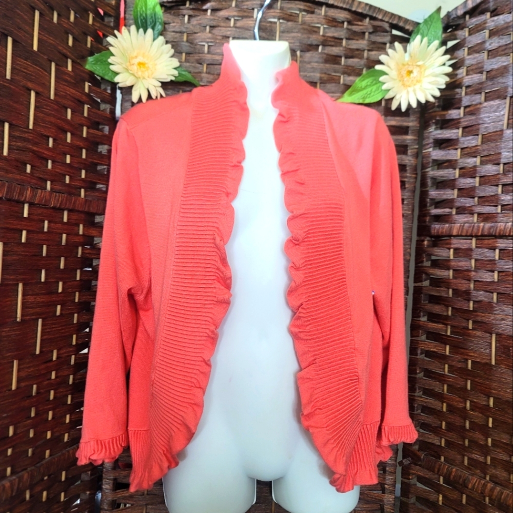 Thesis Cardigan color Nectarine Knit Ruffle Scalloped Trim Cropped